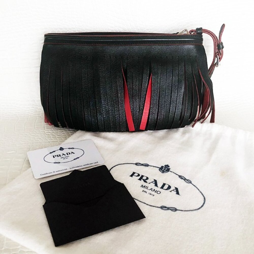 RARE, AUTHENTIC Black & Red Prada Fringe Leather Wristlet NWT